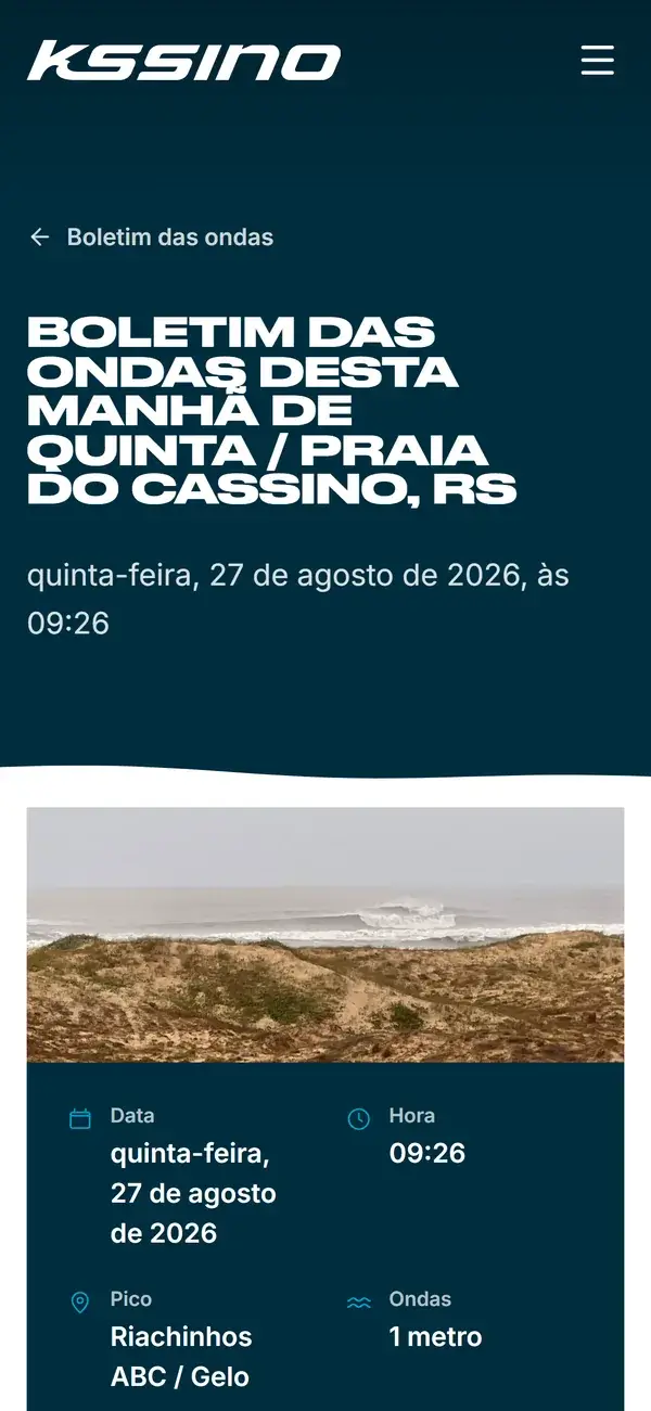 O app do Kssino aberto num iPhone, com o boletim das ondas do dia: foto do mar, pico, ondas e vento